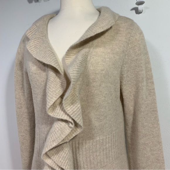 Cynthia Rowley Lambswool Blend Ruffled Cardigan sweater Duster cream Tan Large - Picture 2 of 8
